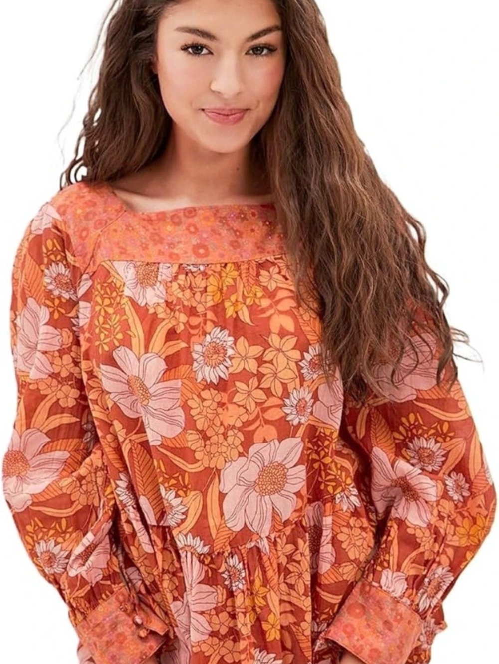 American Eagle Floral Cotton Long-Sleeve Square Neck Peasant Blouse Large